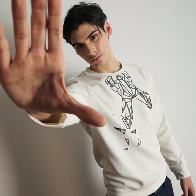 Rare Rabbit Mens Oakk Off White Full Sleeves Crew Neck Graphic Logo Print Sweatshirt