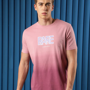 Rare Rabbit Men's Albury Pink Cotton Lycra Fabric Crew Neck Half Sleeves Regular Fit Graphic Print Branding Ombre T-Shirt