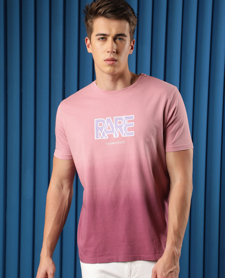 Rare Rabbit Men's Albury Pink Cotton Lycra Fabric Crew Neck Half Sleeves Regular Fit Graphic Print Branding Ombre T-Shirt