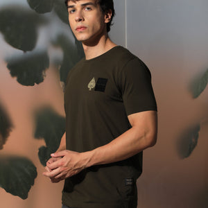Rare Rabbit Men's Royd Olive Cotton Lycra Fabric Crew Neck Half Sleeves Regular Fit Graphic Print Branding and Logo T-Shirt