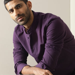 Rare Rabbit Men's Crinckle Purple Cotton Fabric Mandarin Collar Full Sleeves Solid Shirt