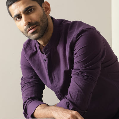 Rare Rabbit Men's Crinckle Purple Cotton Fabric Mandarin Collar Full Sleeves Solid Shirt
