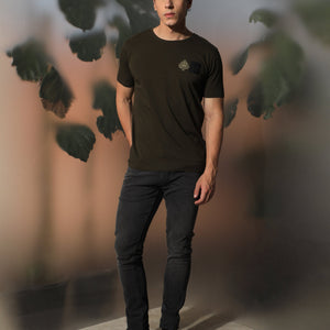 Rare Rabbit Men's Royd Olive Cotton Lycra Fabric Crew Neck Half Sleeves Regular Fit Graphic Print Branding and Logo T-Shirt