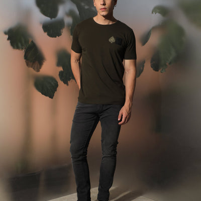 Rare Rabbit Men's Royd Olive Cotton Lycra Fabric Crew Neck Half Sleeves Regular Fit Graphic Print Branding and Logo T-Shirt
