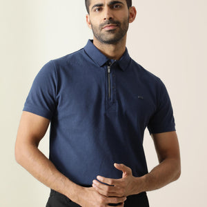 Rare Rabbit Men's Silas Blue Cotton Fabric Snap Button And Zipper Closure Collared Neck Half Sleeve Polo T-Shirt