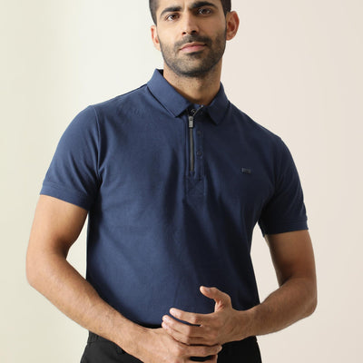 Rare Rabbit Men's Silas Blue Cotton Fabric Snap Button And Zipper Closure Collared Neck Half Sleeve Polo T-Shirt