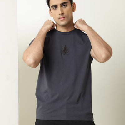 Rare Rabbit Men's Ware Dark Grey Cotton Lycra Fabric Crew Neck Half Sleeves Regular Fit Embroidered Monogram T-Shirt