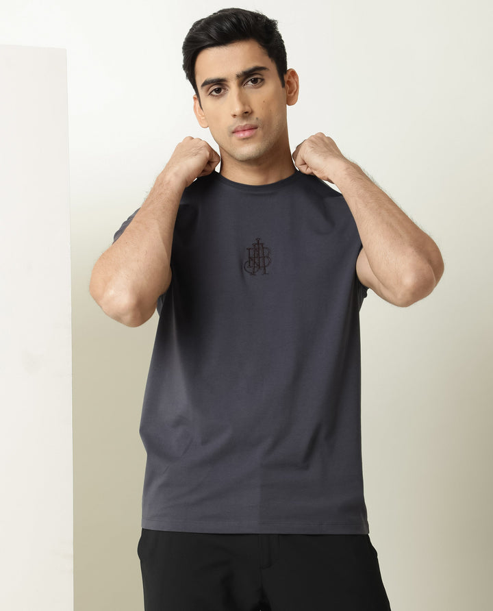 Rare Rabbit Men's Ware Dark Grey Cotton Lycra Fabric Crew Neck Half Sleeves Regular Fit Embroidered Monogram T-Shirt