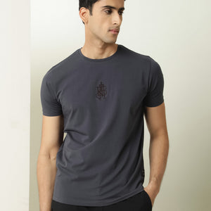 Rare Rabbit Men's Ware Dark Grey Cotton Lycra Fabric Crew Neck Half Sleeves Regular Fit Embroidered Monogram T-Shirt