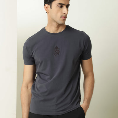 Rare Rabbit Men's Ware Dark Grey Cotton Lycra Fabric Crew Neck Half Sleeves Regular Fit Embroidered Monogram T-Shirt