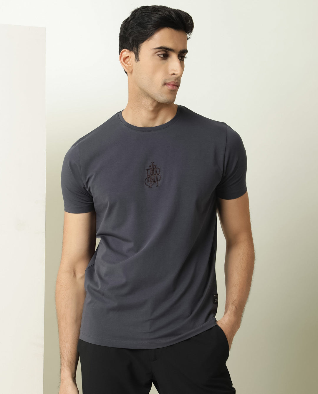 Rare Rabbit Men's Ware Dark Grey Cotton Lycra Fabric Crew Neck Half Sleeves Regular Fit Embroidered Monogram T-Shirt