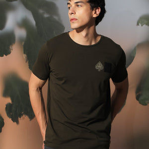 Rare Rabbit Men's Royd Olive Cotton Lycra Fabric Crew Neck Half Sleeves Regular Fit Graphic Print Branding and Logo T-Shirt