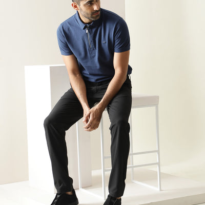 Rare Rabbit Men's Silas Blue Cotton Fabric Snap Button And Zipper Closure Collared Neck Half Sleeve Polo T-Shirt