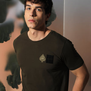 Rare Rabbit Men's Royd Olive Cotton Lycra Fabric Crew Neck Half Sleeves Regular Fit Graphic Print Branding and Logo T-Shirt