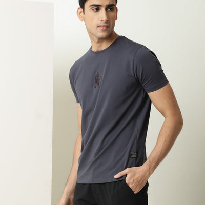 Rare Rabbit Men's Ware Dark Grey Cotton Lycra Fabric Crew Neck Half Sleeves Regular Fit Embroidered Monogram T-Shirt