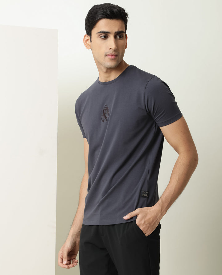 Rare Rabbit Men's Ware Dark Grey Cotton Lycra Fabric Crew Neck Half Sleeves Regular Fit Embroidered Monogram T-Shirt