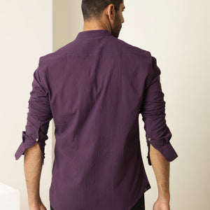 Rare Rabbit Men's Crinckle Purple Cotton Fabric Mandarin Collar Full Sleeves Solid Shirt