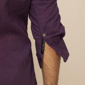 Rare Rabbit Men's Crinckle Purple Cotton Fabric Mandarin Collar Full Sleeves Solid Shirt