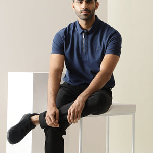 Rare Rabbit Men's Silas Blue Cotton Fabric Snap Button And Zipper Closure Collared Neck Half Sleeve Polo T-Shirt