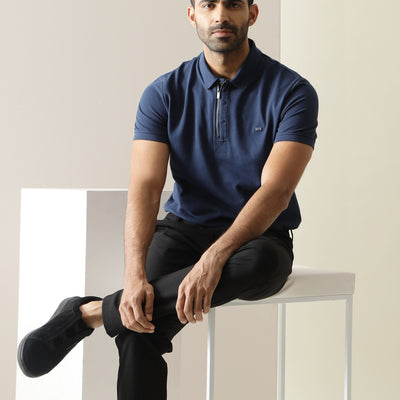 Rare Rabbit Men's Silas Blue Cotton Fabric Snap Button And Zipper Closure Collared Neck Half Sleeve Polo T-Shirt