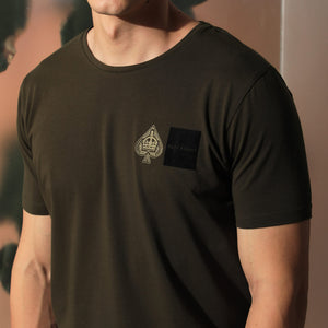 Rare Rabbit Men's Royd Olive Cotton Lycra Fabric Crew Neck Half Sleeves Regular Fit Graphic Print Branding and Logo T-Shirt