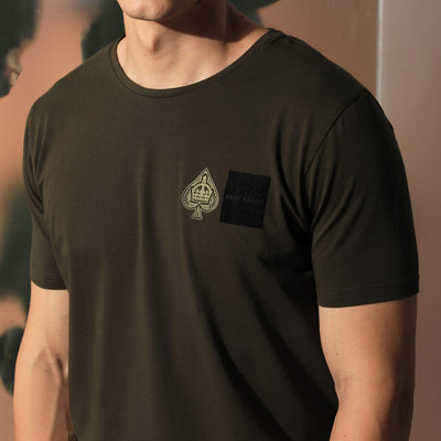 Rare Rabbit Men's Royd Olive Cotton Lycra Fabric Crew Neck Half Sleeves Regular Fit Graphic Print Branding and Logo T-Shirt