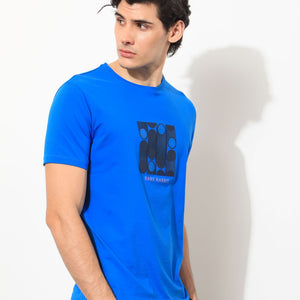 Rare Rabbit Men's Forest Blue Crew Neck Graphic Printed Half Sleeves Slim Fit T-Shirt