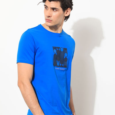 Rare Rabbit Men's Forest Blue Crew Neck Graphic Printed Half Sleeves Slim Fit T-Shirt