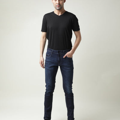 Rare Rabbit Men's Austin Navy Mid-Rise Dark Wash Slim Fit Jeans