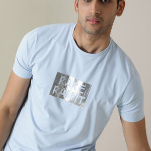 Rare Rabbit Men's Seal Pastel Blue Cotton Lycra Fabric Crew Neck Half Sleeves Regular Fit Foil HD Print T-Shirt
