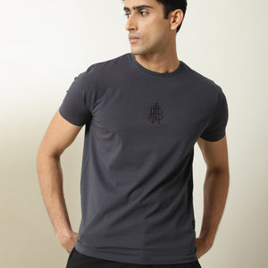 Rare Rabbit Men's Ware Dark Grey Cotton Lycra Fabric Crew Neck Half Sleeves Regular Fit Embroidered Monogram T-Shirt