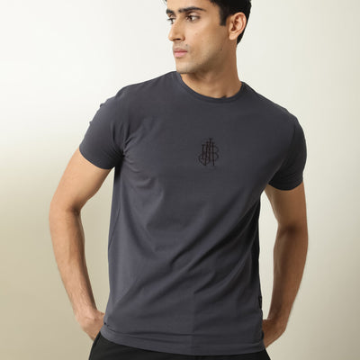 Rare Rabbit Men's Ware Dark Grey Cotton Lycra Fabric Crew Neck Half Sleeves Regular Fit Embroidered Monogram T-Shirt