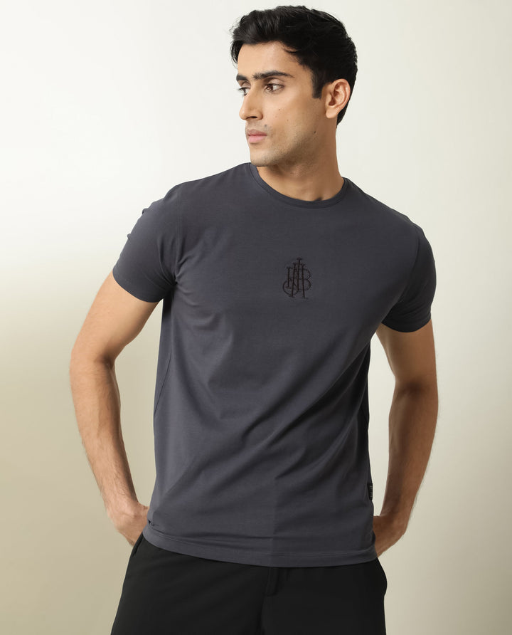 Rare Rabbit Men's Ware Dark Grey Cotton Lycra Fabric Crew Neck Half Sleeves Regular Fit Embroidered Monogram T-Shirt