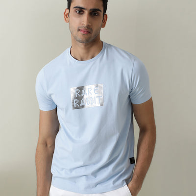 Rare Rabbit Men's Seal Pastel Blue Cotton Lycra Fabric Crew Neck Half Sleeves Regular Fit Foil HD Print T-Shirt