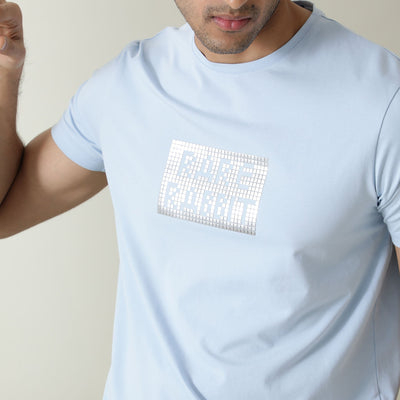 Rare Rabbit Men's Seal Pastel Blue Cotton Lycra Fabric Crew Neck Half Sleeves Regular Fit Foil HD Print T-Shirt