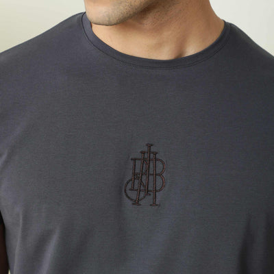 Rare Rabbit Men's Ware Dark Grey Cotton Lycra Fabric Crew Neck Half Sleeves Regular Fit Embroidered Monogram T-Shirt