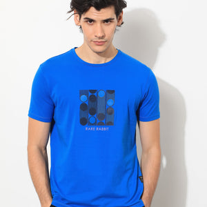 Rare Rabbit Men's Forest Blue Crew Neck Graphic Printed Half Sleeves Slim Fit T-Shirt