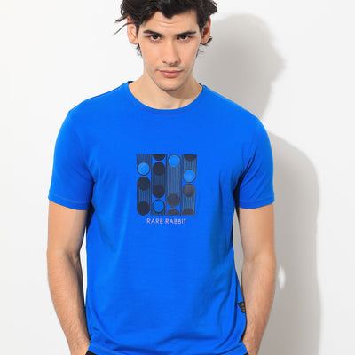 Rare Rabbit Men's Forest Blue Crew Neck Graphic Printed Half Sleeves Slim Fit T-Shirt