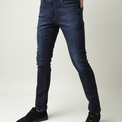 Rare Rabbit Men's Austin Navy Mid-Rise Dark Wash Slim Fit Jeans