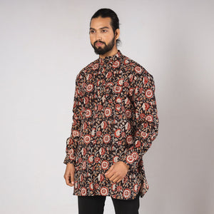 Black - Bagru Block Printed Cotton Men Short Kurta 10