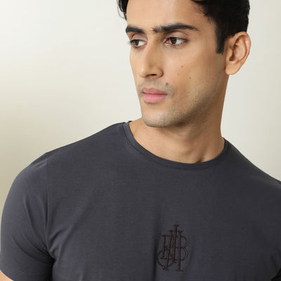 Rare Rabbit Men's Ware Dark Grey Cotton Lycra Fabric Crew Neck Half Sleeves Regular Fit Embroidered Monogram T-Shirt