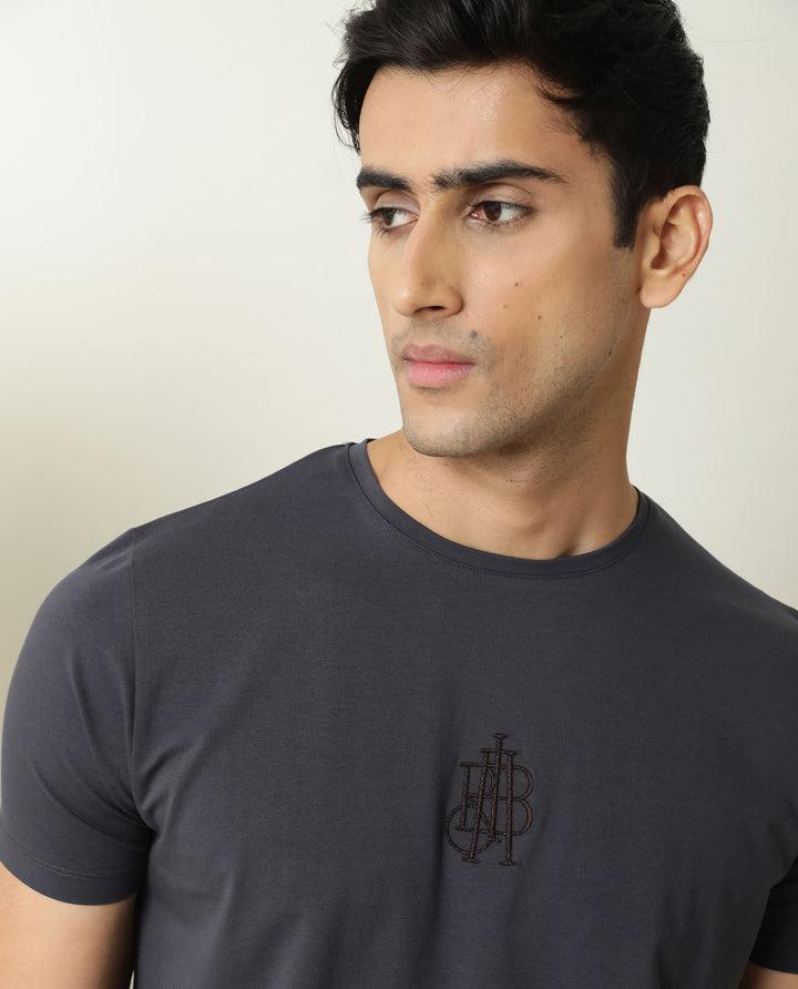 Rare Rabbit Men's Ware Dark Grey Cotton Lycra Fabric Crew Neck Half Sleeves Regular Fit Embroidered Monogram T-Shirt