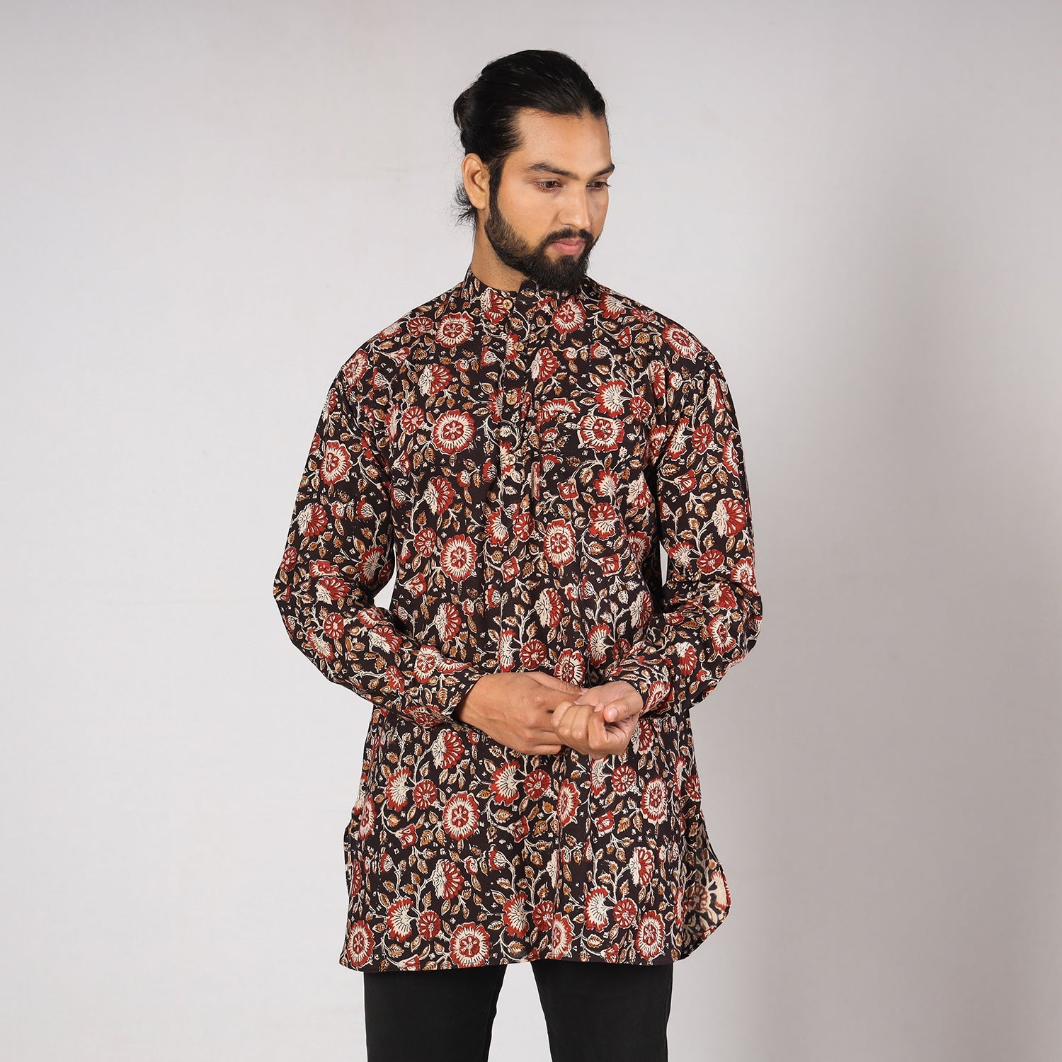 Black - Bagru Block Printed Cotton Men Short Kurta 10