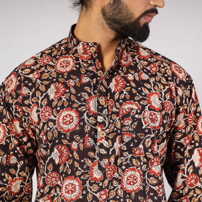 Black - Bagru Block Printed Cotton Men Short Kurta 10