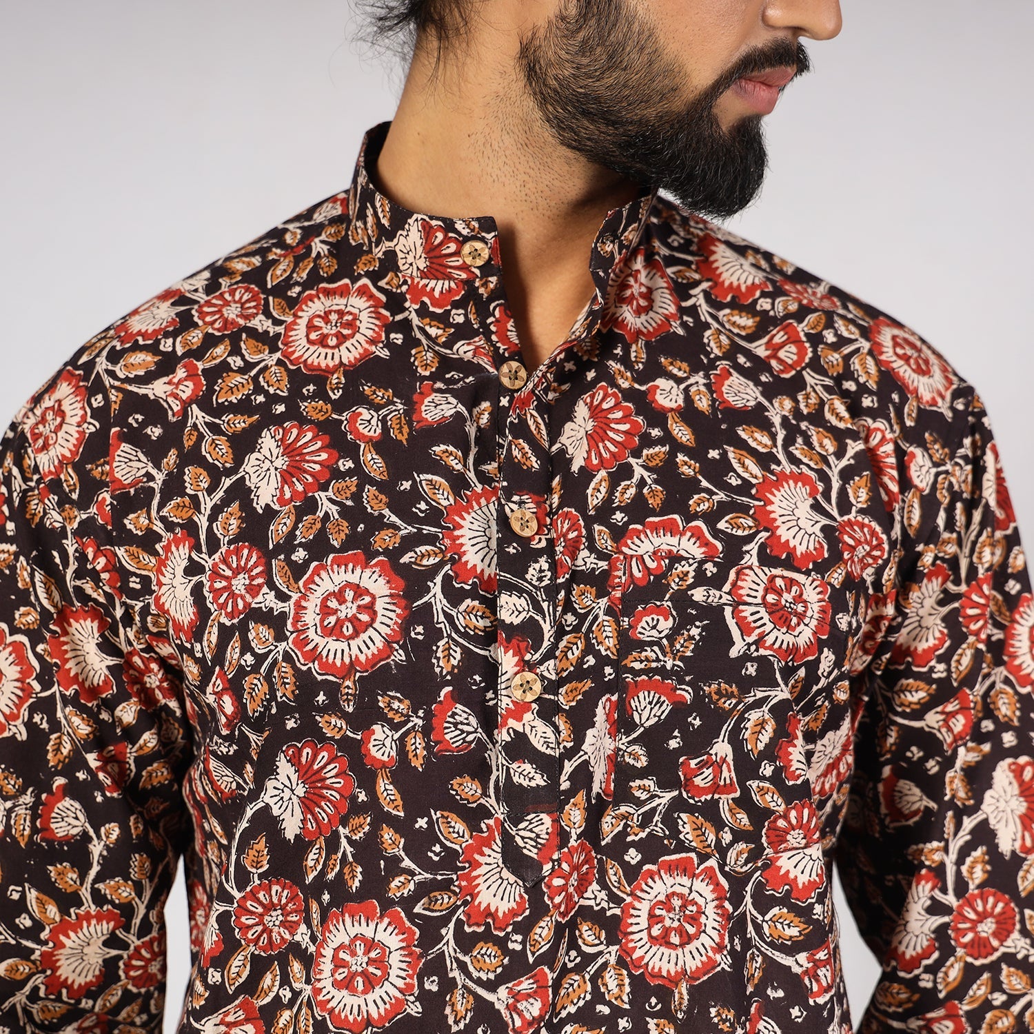 Black - Bagru Block Printed Cotton Men Short Kurta 10