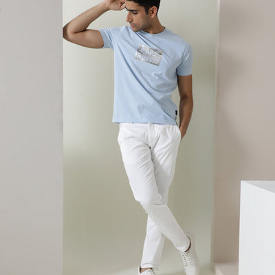 Rare Rabbit Men's Seal Pastel Blue Cotton Lycra Fabric Crew Neck Half Sleeves Regular Fit Foil HD Print T-Shirt