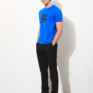 Rare Rabbit Men's Forest Blue Crew Neck Graphic Printed Half Sleeves Slim Fit T-Shirt