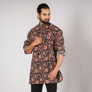Black - Bagru Block Printed Cotton Men Short Kurta 10