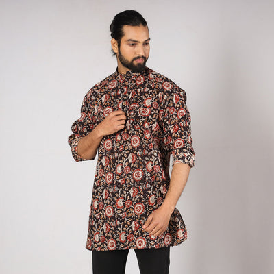 Black - Bagru Block Printed Cotton Men Short Kurta 10