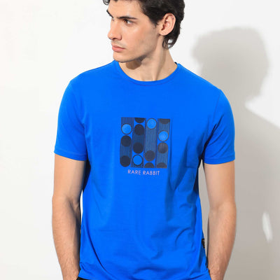 Rare Rabbit Men's Forest Blue Crew Neck Graphic Printed Half Sleeves Slim Fit T-Shirt